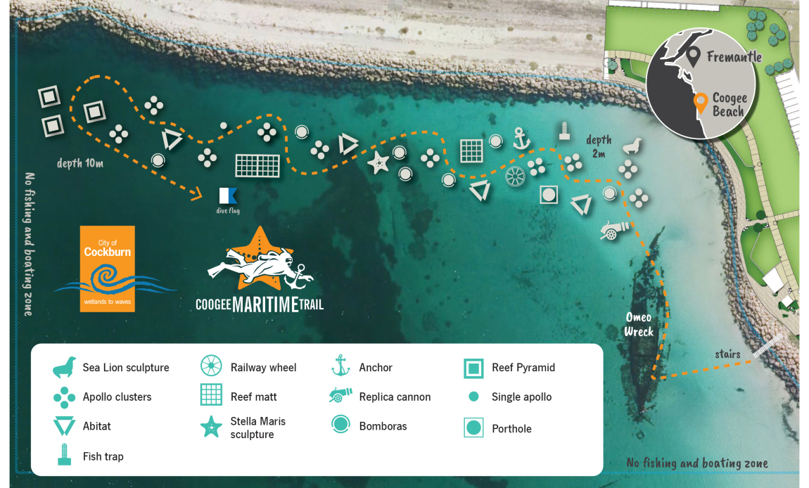 Map of Coogee maritime trail underwater structure locations