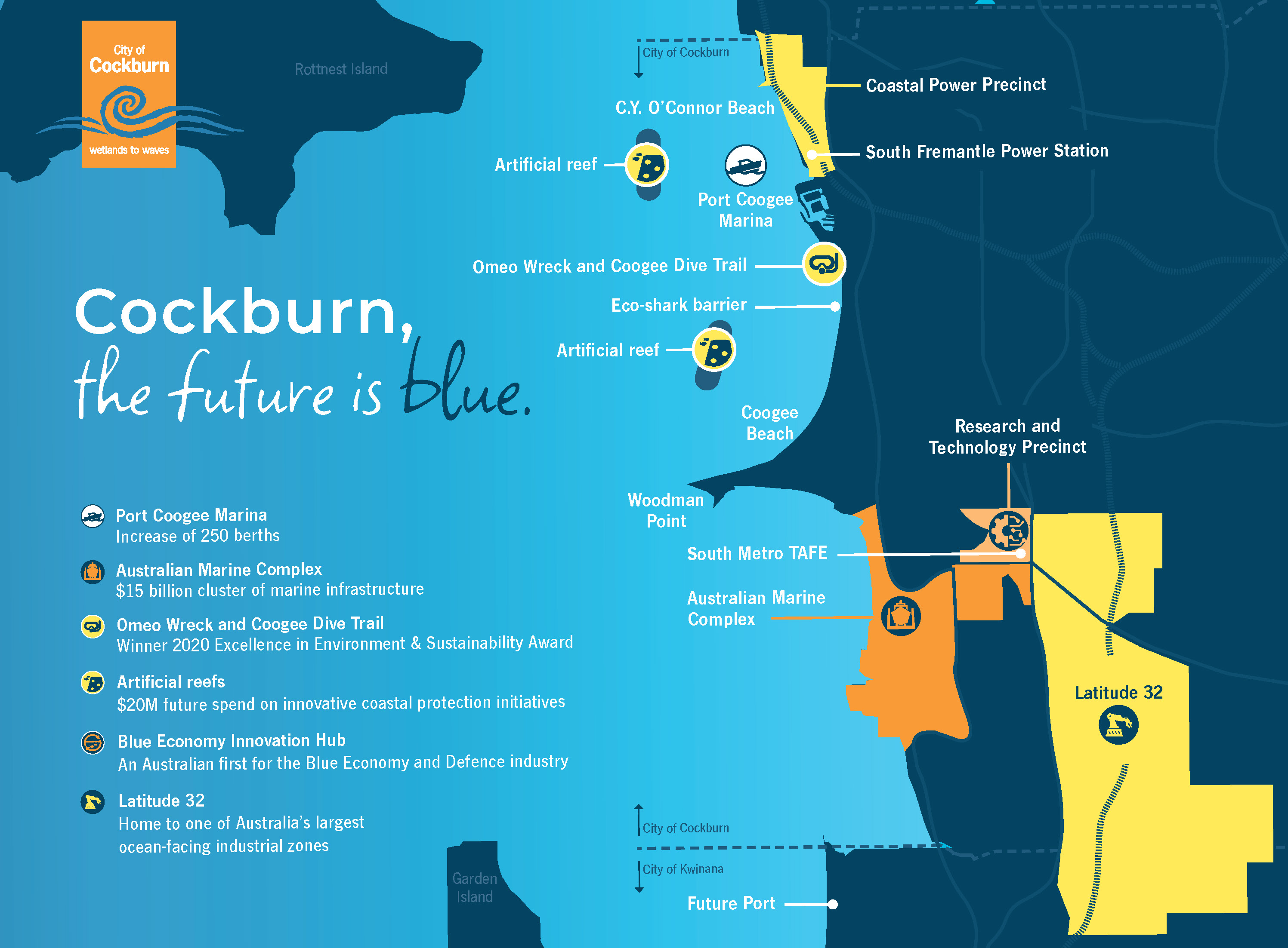 Image of Cockburn’s Coast. Moving down from top to bottom, showing: Coastal Power Precinct, CY O’Connor Beach, Artificial Reef, South Fremantle Power Station, Port Coogee Marina, Omeo Wreck